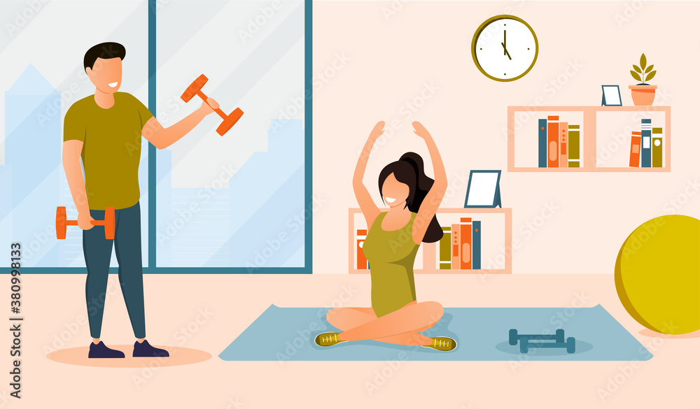 A young family, a man and a woman, doing sports exercises at home. A woman does yoga, a man lifts dumbbells. Flat vector illustration