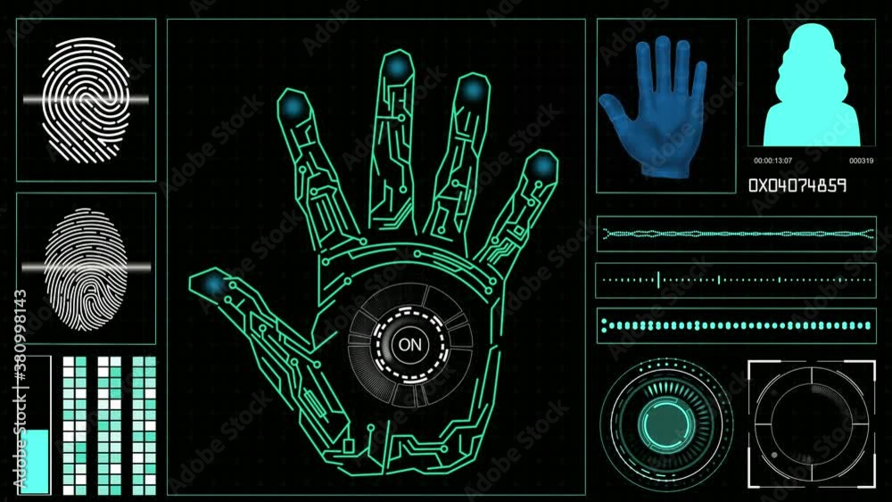 hud elements on a computer display with hand scanning and fingerprints on a screen. 