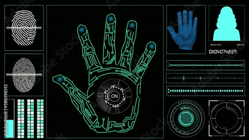 hud elements on a computer display with hand scanning and fingerprints on a screen. 