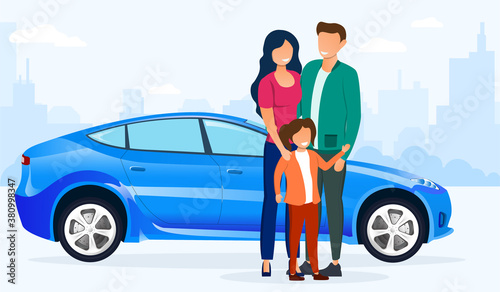 Happy young family mom dad and daughter standing in the background of their car. Flat vector illustration