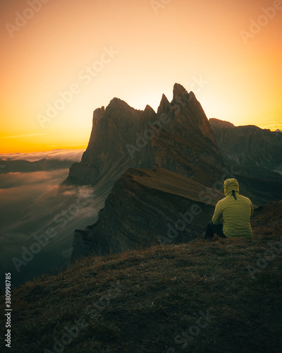 Seceda Mountain in Dolomites during Sunrise in Autumn