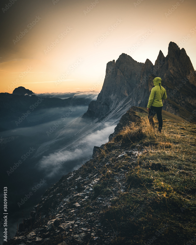 Fototapeta premium Seceda Mountain in Dolomites during Sunrise in Autumn