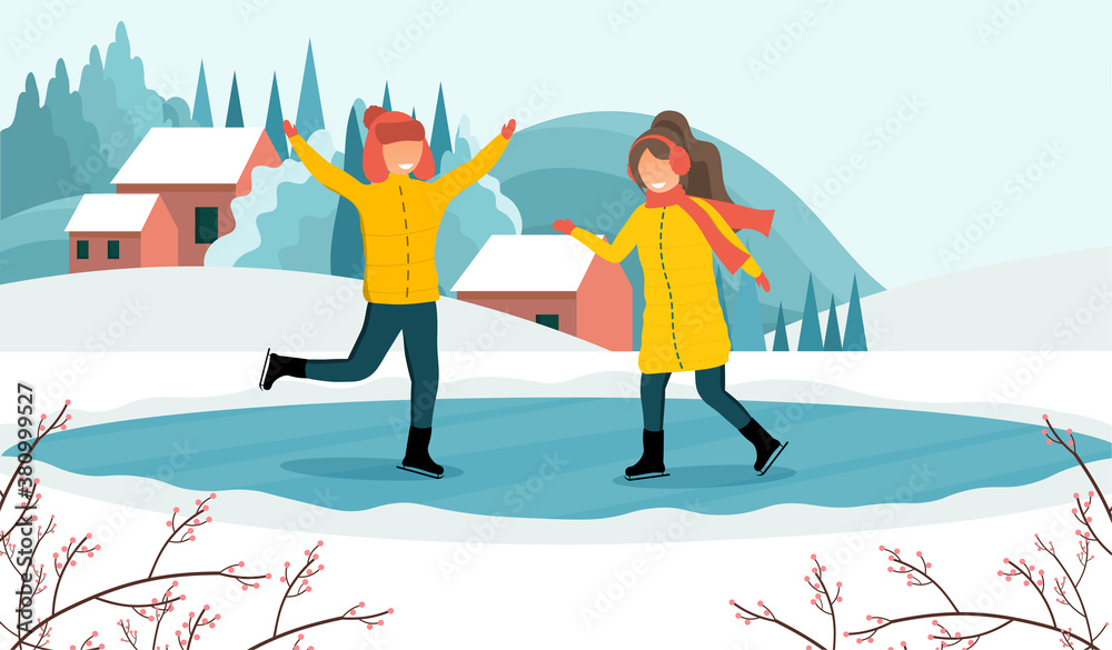 Fototapeta premium Winter activities concept. A young couple, a guy and a girl, skating together on a small frozen pond or ice rink against the background of a rural winter landscape. Flat vector illustration