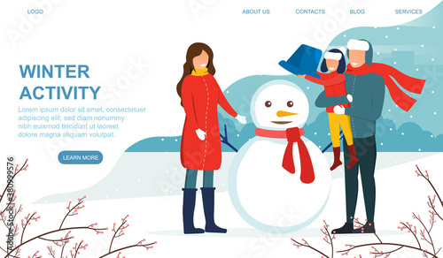Winter activities concept. Family mom dad and a small child making a snowman together. Flat vector illustration. Web page template