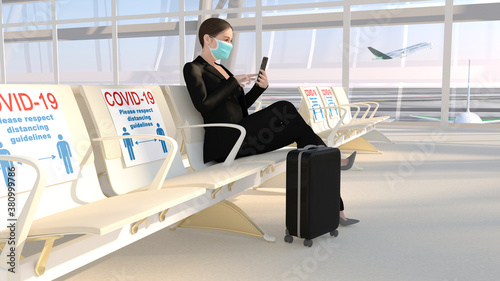 Mesures sanitaire liées au COVID-19 à l'aéroport. Une femme d'affaires portant un masque est assise et attend l'avion. Rendu 3D
