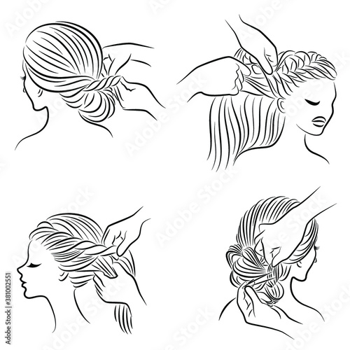 Collection. Silhouette profile of the head of a lovely lady. The girl braids her long hair in braids with her hands. Vector illustration set.