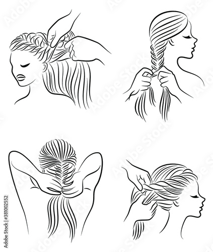 Collection. Silhouette profile of the head of a lovely lady. The girl braids her long hair in braids with her hands. Vector illustration set.