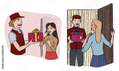 Doodles illustrations of delivery man with gift box. Courier delivering order to the home of girl. Safety home delivery concept. Hand drawn vector colored drawings isolated on white. For design, logo.
