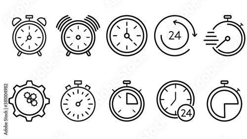 Editable vector graphics. Time and clock icons set, timer, speed, alarm, recovery, management. Time management.Clock with thin lines symbols for the Internet and mobile phone on a white background.