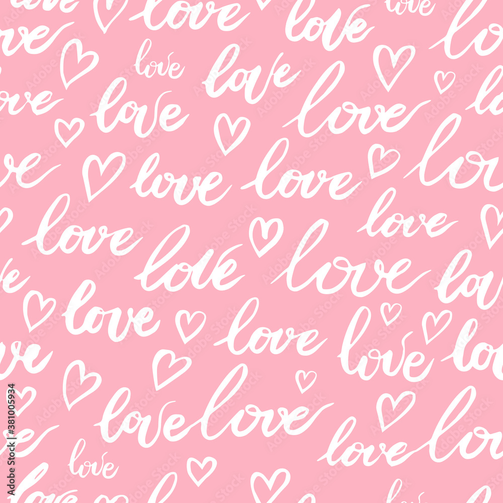 Seamless patterns. The word love and hearts drawn by hand. Soft pastel colors. Pink, beige, blue, turquoise. Valentine's day. Texture for fabric and wrapping paper.