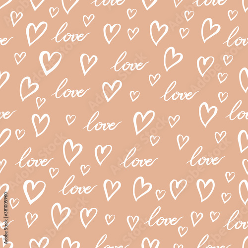 Seamless patterns. The word love and hearts drawn by hand. Soft pastel colors. Pink, beige, blue, turquoise. Valentine's day. Texture for fabric and wrapping paper.