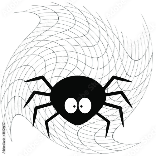 Vector dimensionless graphics. A funny and cute spider on a voluminous web. A traditional character for Halloween.