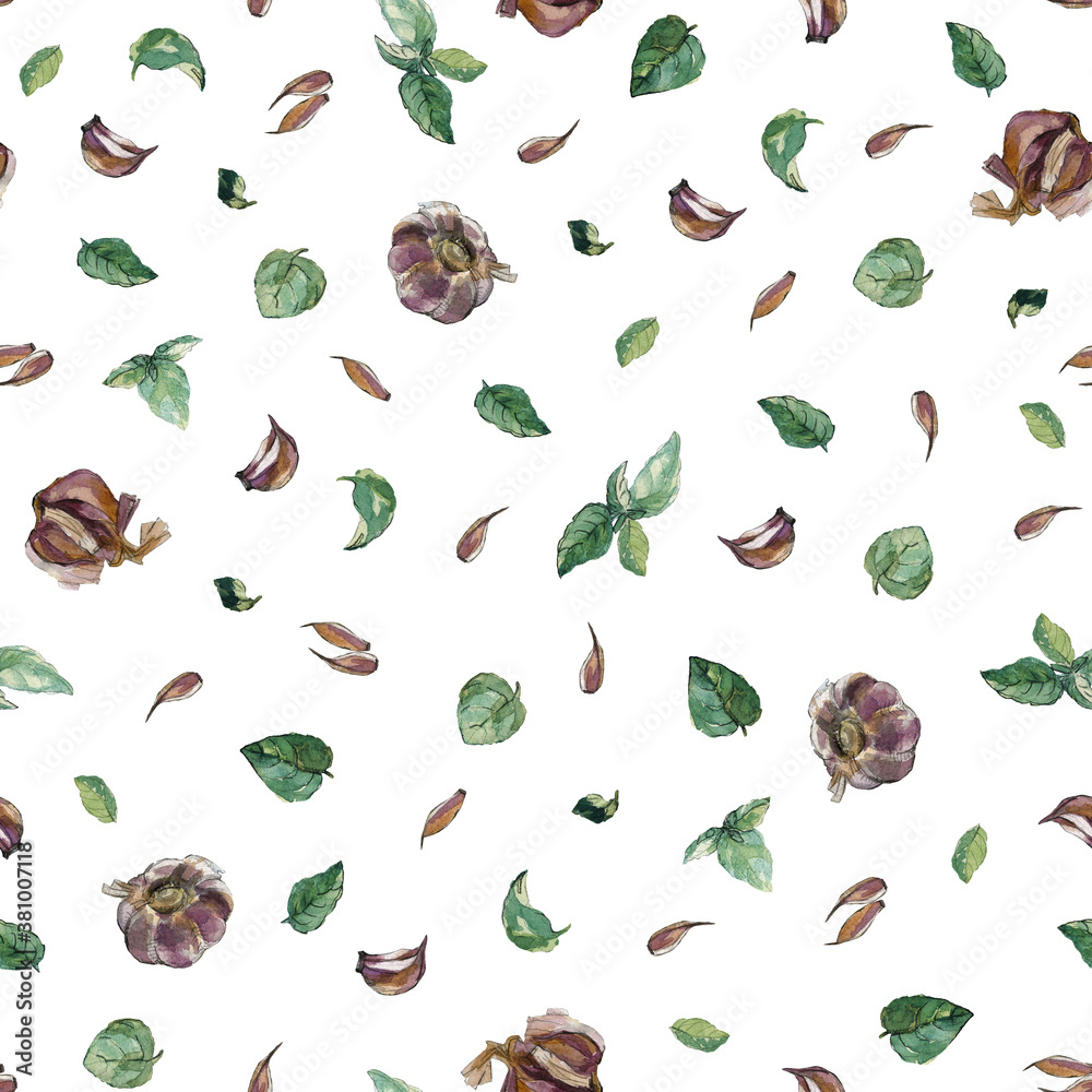 Fototapeta premium Seamless pattern of garlic cloves and bulbs and green basil leaves on white background. Watercolour illustration. For cookbook, recipe, menu, wallpaper, textile, wrapping paper and packaging design.