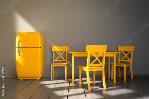 minimal retro yellow kitchen mockup yellow refrigerator + yellow furniture - 3d illustration photo