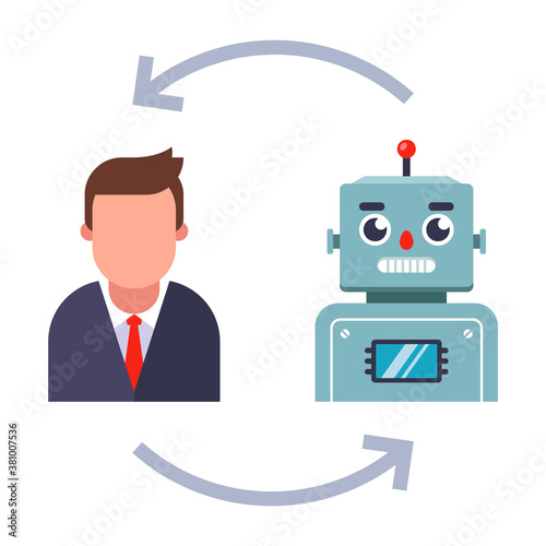 replacement of live employees with robots. flat vector illustration isolated on white background.