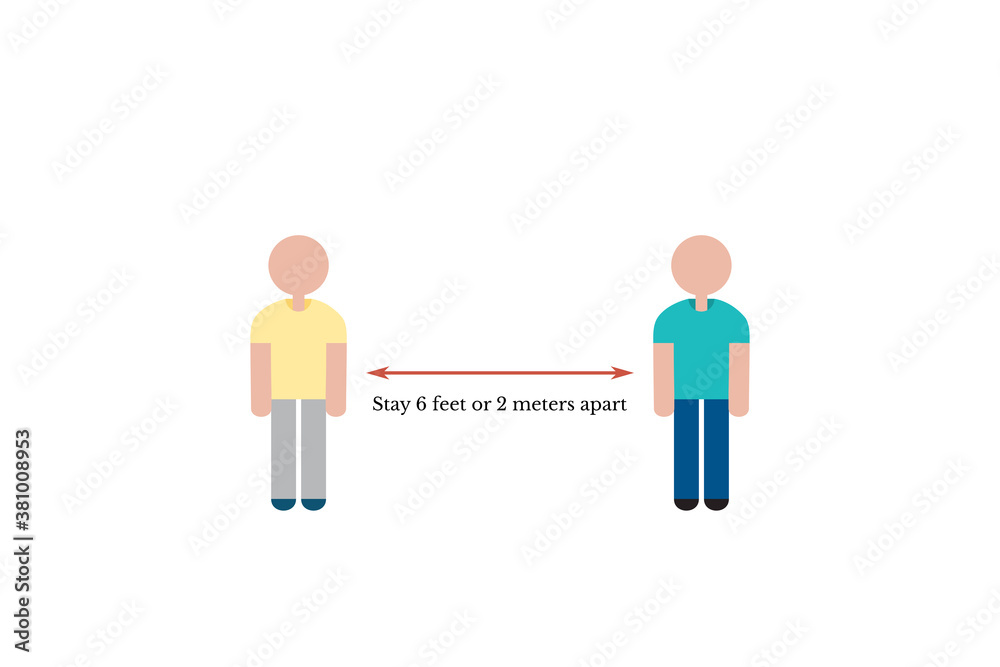 Physical and social distancing with cartoon men standing 6ft apart, vector illustration Physical and social distancing with cartoon men standing 6ft apart, vector illustration