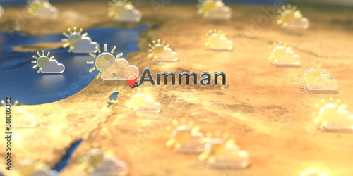 Partly cloudy weather icons near Amman city on the map, weather forecast related 3D rendering © Alexey Novikov