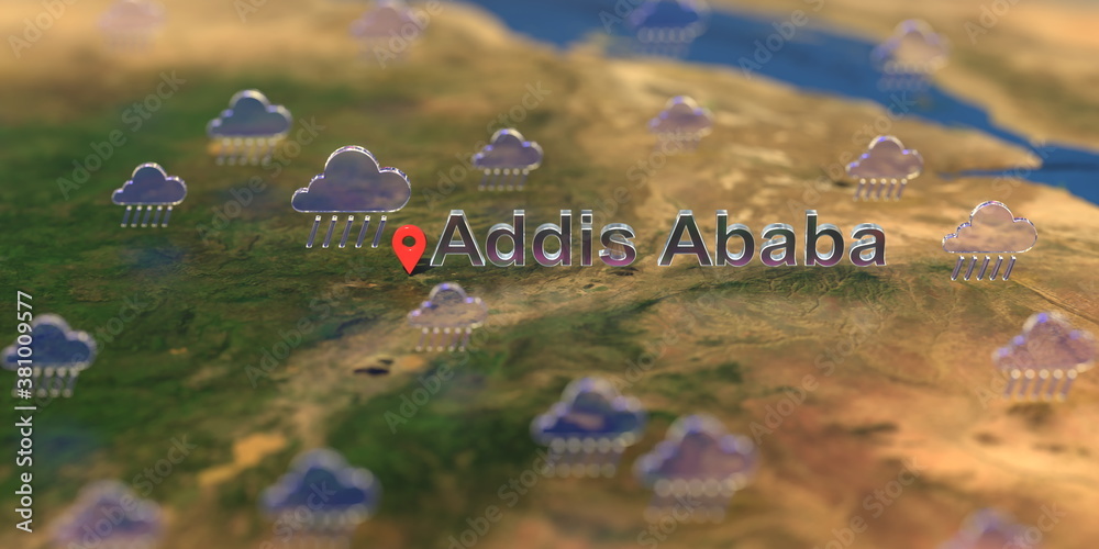 Addis Ababa city and rainy weather icon on the map, weather forecast related 3D rendering Addis Ababa city and rainy weather icon on the map, weather forecast related 3D rendering