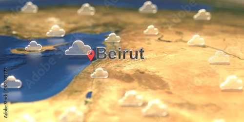 Cloudy weather icons near Beirut city on the map, weather forecast related 3D rendering © Alexey Novikov