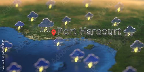 Port Harcourt city and stormy weather icon on the map, weather forecast related 3D rendering photo