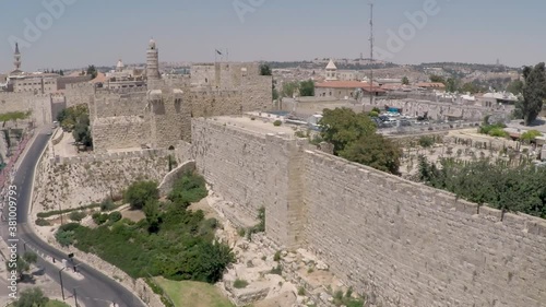 the wall of the old city of Jerusalem Israel, view of the Tower of David, Aerial view
 