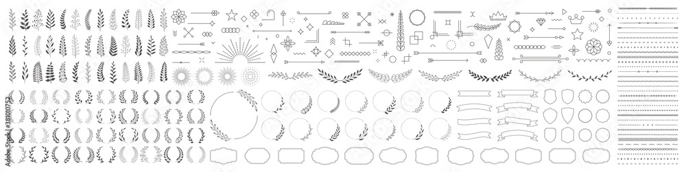 Set of 260 design elements. Wreath, frames, calligraphic, swirls divider, laurel leaves, ornate, award, arrows. Decorative vintage line elements collection. Vector illustration.