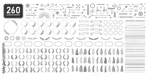 Set of 260 design elements. Wreath, frames, calligraphic, swirls divider, laurel leaves, ornate, award, arrows. Decorative vintage line elements collection. Vector illustration.