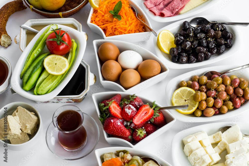 Traditional Turkish Spread Breakfast with fresh fruits and vegetables,top view