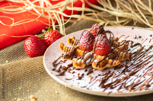 Strawberry mini brussel waffle on plate