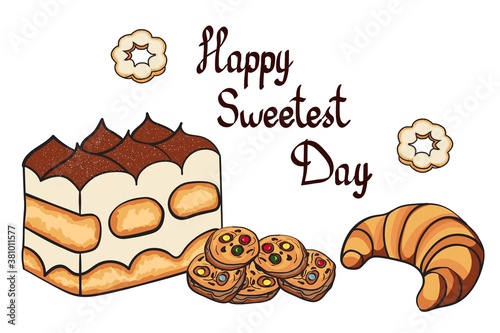 stock vector happy sweetest day hand drawn tiramisu and croissant  isolated on white background cartoon illustration