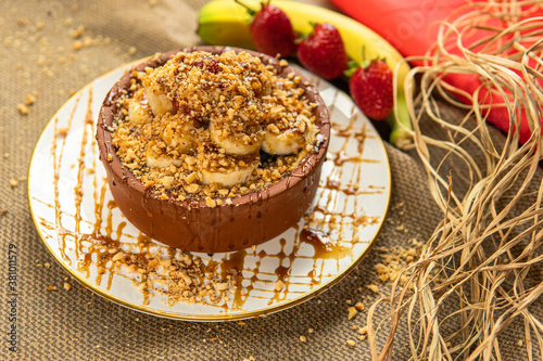 Turkish dessert rice pudding, banana strawberry and honey rice pudding