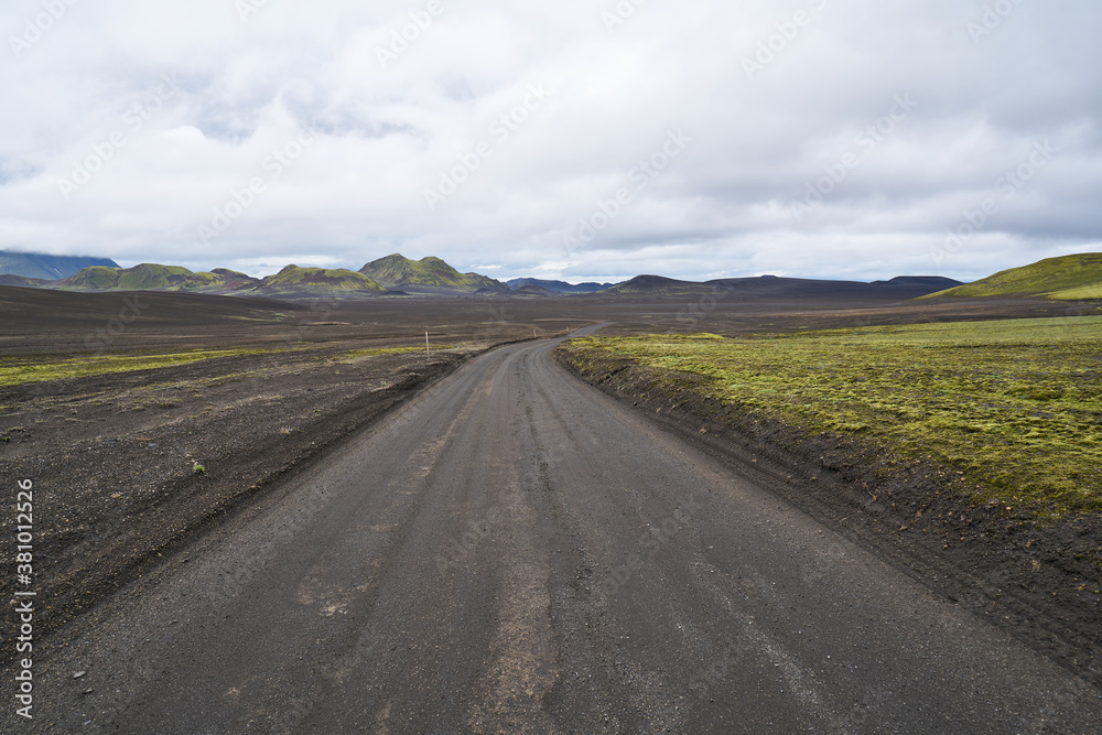 Fototapeta premium Black sand ash vulcanic landscape highland roads in iceland 2020