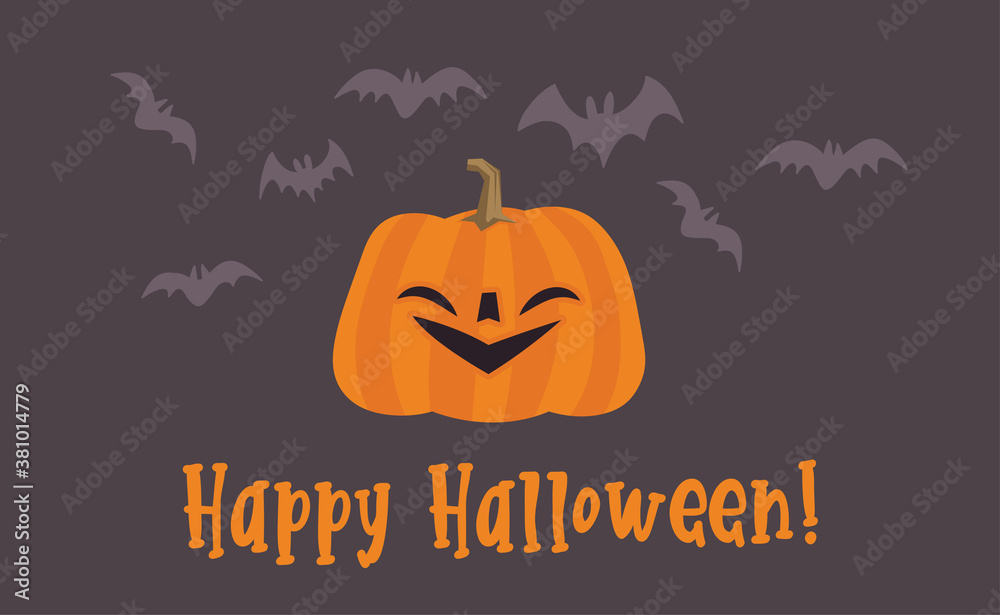 Happy Halloween design. Cute pumpkin with carved smile face, spooky season. Flying bats. Funny illustration. Trick or treat decoration. Happy Halloween design. Cute pumpkin with carved smile face, spooky season. Flying bats. Funny illustration. Trick or treat decoration.