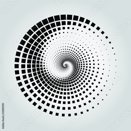 Black halftone square dots in vortex form. Geometric art. Trendy design element for frame, logo, tattoo, sign, symbol, web, prints, posters, template, pattern and abstract background