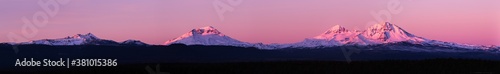 Sunrise panorama image of the  three sisters mountains and broken top
