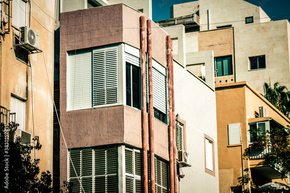View of the facade of a modern building in the streets of Tel Aviv in Israel
