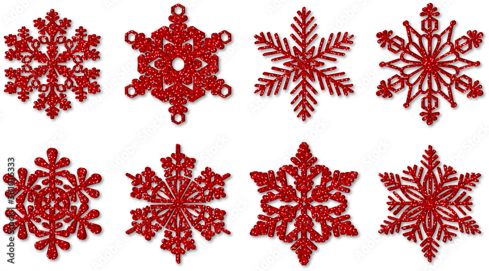 set of red glitter snowflakes. christmas decorations