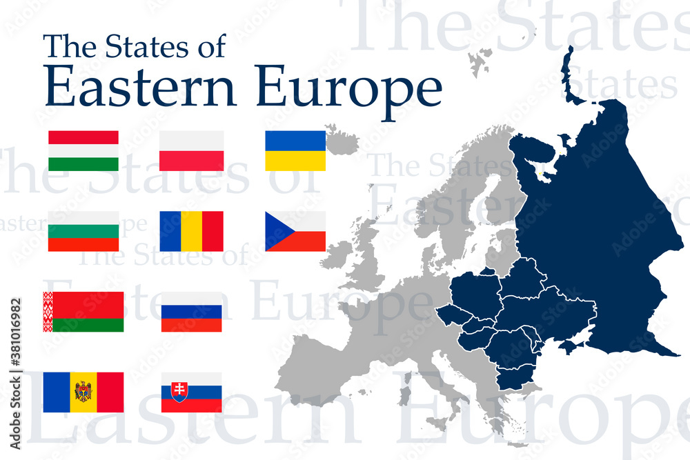 Obraz premium A set of icons for flags of Eastern Europe. Vector image of flags and maps of Europe on a white background. You can use it to create a website, print brochures, booklets, flyers, and travel guides.