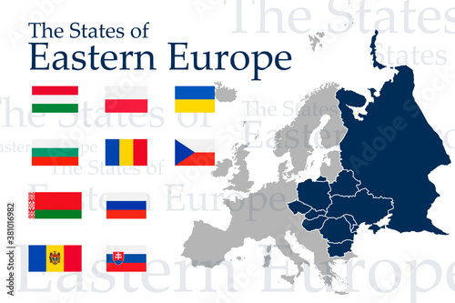 A set of icons for flags of Eastern Europe. Vector image of flags and maps of Europe on a white background. You can use it to create a website, print brochures, booklets, flyers, and travel guides.