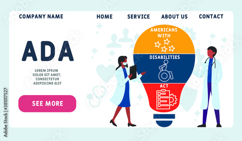 Vector website design template . ADA -  Americans with Disabilities Act, acronym medical concept. illustration for website banner, marketing materials, business presentation, online advertising.