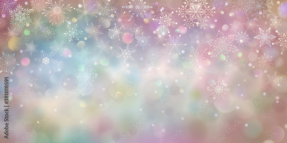 Christmas colored background of complex big and small falling snowflakes with bokeh effect - obrazy, fototapety, plakaty 