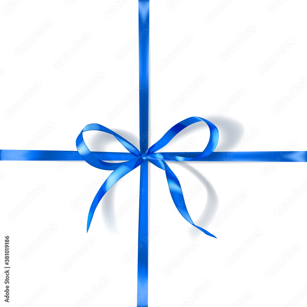 Blue bow made of narrow crosswise ribbon with shadow on white background. Criss-cross arrangement Blue bow made of narrow crosswise ribbon with shadow on white background. Criss-cross arrangement