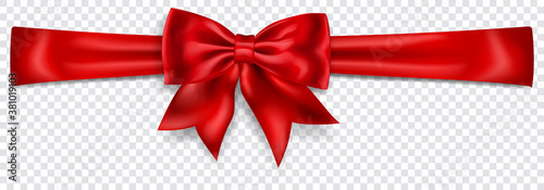 Beautiful red bow with horizontal ribbon with shadow on transparent background. Transparency only in vector format