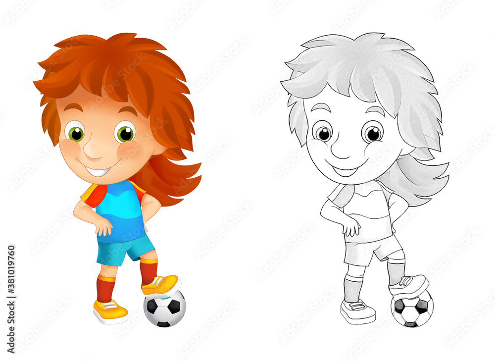 cartoon scene with football soccer girl on white background - illustration cartoon scene with football soccer girl on white background - illustration