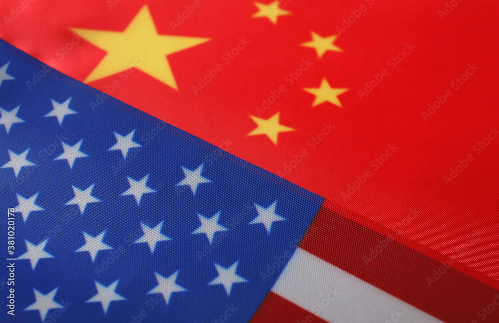 Fototapeta premium USA and China flags as background, closeup. International relations