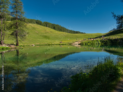 Alps, Italy. Blue Lake in the summer. Aosta Valley. Around the Matterhorn peak.