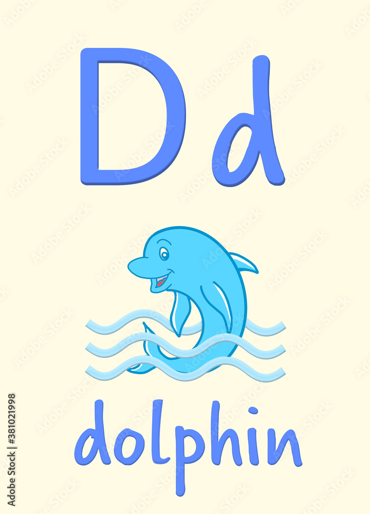 Obraz premium Learning English alphabet. Card with letter D and dolphin, illustration