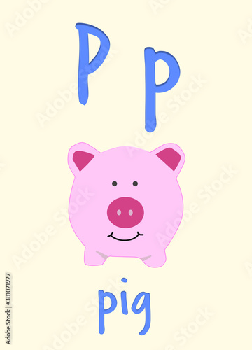 Learning English alphabet. Card with letter P and pig, illustration