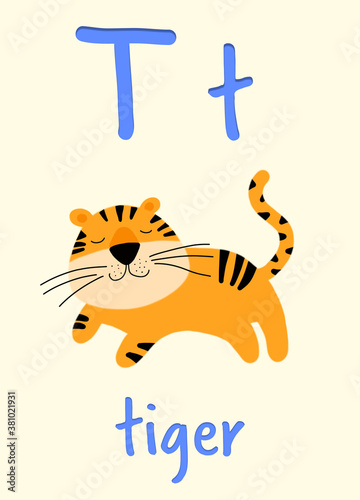 Learning English alphabet. Card with letter T and tiger, illustration