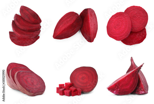 Set of cut fresh beets on white background
